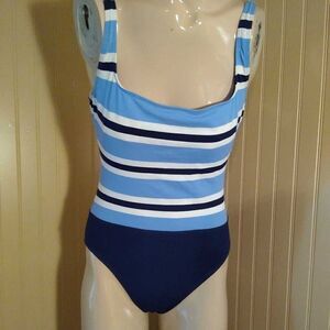La Blanca By Rod Beattie Womens One Piece Swimsuit Blue White Stripe Stretch 8